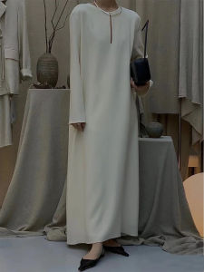 Elegant Commute Long Sleeve Straight Tube Dress Loose Comfortable Spring Autumn White Maxi Dress Polymide Fiber Ladies Skirt