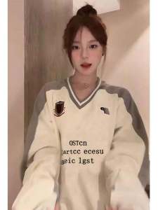 American Lazy Chic Color Block V Neck Sweatshirt Womens Spring Autumn Trendy Loose Long Sleeve Sport Top Comfortable Fit