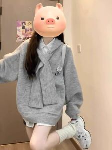 Gray Hooded Sweatshirt Knitwear Female Spring & Fall 2024 New Preppy Style Fancy Korean Style Sweater Long Sleeve Tops
