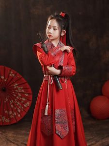 Childrens Han Chinese Costume Spring & Fall Chinese Style Costume Tang Suit Chinese Ancient Style Girl Ancient Chinese Clothing Dress Domineering Chivalrous Female Costume Summer