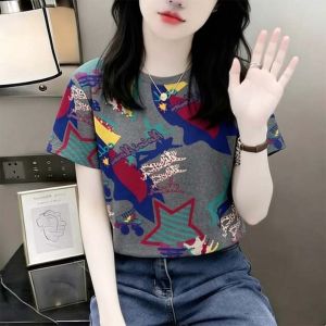 Summer Vintage All-Over Graffiti T-shirt Womens Casual Loose Fit Slimming Top