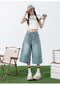 Light Blue Wide Leg Jeans Womens Summer New Pear Shape Loose Slim Straight Seven-Foot Medium Pants High Waist Denim Jeans