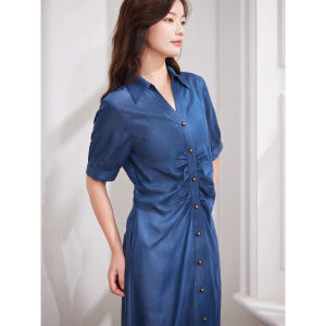 WANGGONGZHU | Elegant Silk Denim Dress Women Summer New Simple Fashion Midi Shirt Long Skirt Gathered H-Line Short Sleeve V-Neck Solid Color