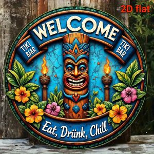 20cm Tropical Style Retro Hawaiian Tiki Bar 2D Wooden Disc Tiki Mask with Flames And Hibiscus Flowers Design Home Hanging Decor