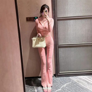 South Korea Short Temperamental High Waist Short Hood Sweater Cardigan Leisure Anti-Aging Bell-Bottom Pants Pants Suit Two-piece Set