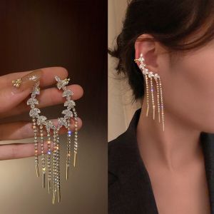 Luxury Zircon Inlaid Rhinestone Long Tassel Ear Bone Clip Earring Ear Exquisite Earring for Women Vintage Fashion Jewelry