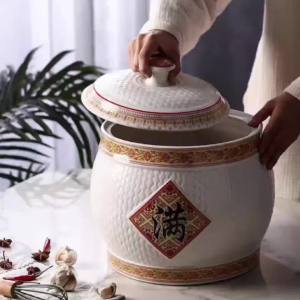 Jingdezhen ceramic rice dispenser 10kg 5kilos rice container storage clay jar with cover rice bucket