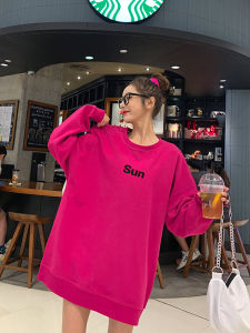 เสื้อฮู้ดคอกลมแขนยาวทรงหลวมไซส์ใหญ่สีชมพูแดงสดใสสำหรับผู้หญิง เสื้อผ้าทำงานสไตล์เกาหลีฤดูใบไม้ผลิและฤดูใบไม้ร่วง