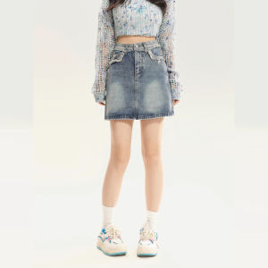 Spring Summer Denim Mini Skirt Women High Waist Slimming Retro plus Size A-Line Bodycon Half-Length Trendy INS Pocket Fringe