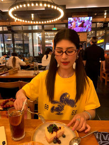 Loose Short Sleeve Womens T-shirt Yellow Korean Style Chic Design Summer Cotton round Neck Print Casual Top for Small Figures