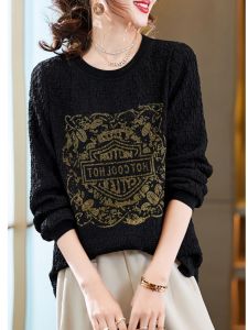 Plain Wood Contrast Color Texture Rhinestone Long Sleeves T-shirt Tops Loose Plus Size Fat Sister Womens Clothing European Station New Arrival Spring & Fall