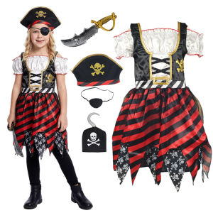 Disney | Girls Off Shoulder Pirate Halloween Dress Skull Print Red Black Striped Skirt For Kids Carnival Birthday Party Cosplay Outfit