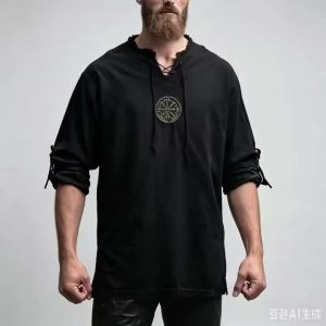 Áo Sơ Mi Nam Vải Lanh 5 Màu Thêu Họa Tiết Viking Tay Dài Kiểu Dáng Ôm Body Chất Liệu Cotton Thích Hợp Cho Mùa Xuân Và Mùa Thu