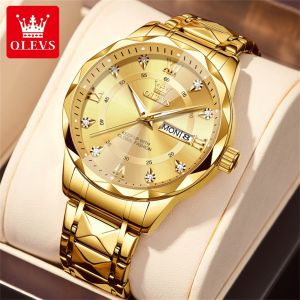 OLEVS Mens Watch Waterproof Original Luxury Stainless Steel Prismatic Diamond Dial Business Fashion Dual Calendar Luminous