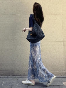 SHANGSHA | Summer Important Occasion Luxurious Elegance Blue T-shirt Dress
