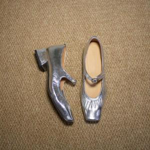 Super Soft Sheepskin Mary Jane Shoes Womens Low Heel Chunky Heel Genuine Leather Soft Bottom Silver Color Slip-On Fashionable