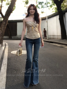 Retro Hong Kong Girl Style Bell Bottom Jeans Womens High Waist Cotton Stretch Denim Pants Leg Shaping Fashionable Trousers