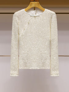 New Chinese Style Top Spring 2025 round Neck Button up Sleeve Length Inner Wear Base Shirt Glittering Sequin Hoodie Womens Knitted Sweater