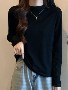 Womens Long Sleeve Fleece Lined Half High Neck T-Shirt Korean Style Warm Fashionable Versatile Spring Autumn Winter Top