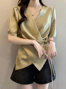 Áo Sơ Mi Cổ V Chéo Tay Ngắn Satin Mùa Hè Dành Cho Người Béo Size Lớn Cao Cấp