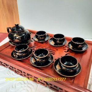 Bộ ấm trà men đen vẽ vàng 24k gốm sứ Bát Tràng cao cấp