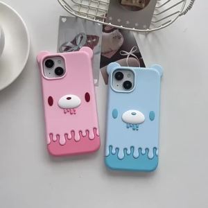Korean 3D Ears Cartoon Bear Couple Phone Case For iPhone 17 16 15 14 13 Pro Max Soft Silicone Shockproof Protective Cover Fundas