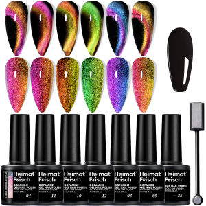 7 piece gel nail polish set alcohol free glitter cat magnetic gel shimmering rainbow cat eye nail polish.