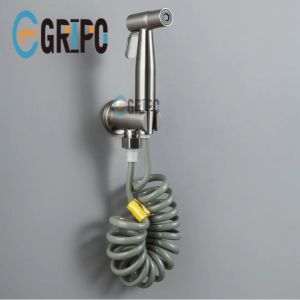 GRIPO High end 304 stainless 3 in 1 bidet set solid valve connector with holder+bidet spray gun+cord type hose matte finish