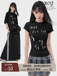 American Style Black Short Sleeve T-Shirt Women Summer Design Spicy Girl Waist Cinched Slim Fit Short Length Top