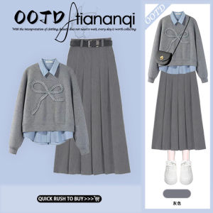 plus Size Early Autumn Korean College Style Design Sense Fake Two-Piece Top American High Waist Mini Skirt Two-Piece Set