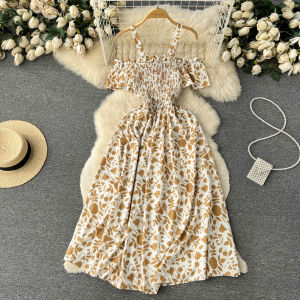 French Vintage Gentle Strap Dress Women Summer Short Sleeve Shoulder Exposure Elegance Flower Long Skirt Trendy A-Line Dress