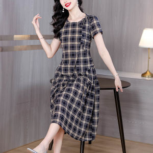 MAIMEI | High-End Cotton Linen Plaid Mini Skirt Two-Piece Set For Plus Size Women Summer 2025 A-Line Sleeve Short Sleeve Round Neck