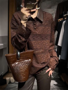 QINGNAER | Casual Big Size Brown Polo Collar Floral Hollow Out Blouse