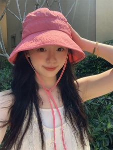 หมวกตกปลาสไตล์ญี่ปุ่นสีลูกกวาด หมวกกันแดดแบบมีเชือกผูก หมวกกันแดดแบบมีขอบกว้างสำหรับกลางแจ้ง หมวกกันแดดแบบแห้งเร็วสำหรับผู้หญิง