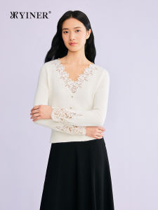 Elegant V-Neck Lace Trim Bead Embellished Sweater