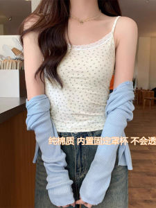 Womens Lace Trimmed Floral Print Tank Top Short Thin Summer Inner Wear Outerwear Cotton Blend Stretchy Sweet Style Vest