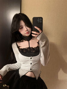 GUZILIAN | Pure Desire Spicy Girl Lace Patchwork Design Irregular Long Sleeve T-Shirt Slim High Waist Butterfly Knot Puffy Skirt Set