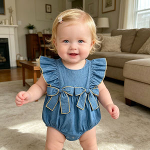 2026 New Baby Summer New Style Bow 0-24M Romper Sleeveless Cute Bodysuit Korean Version Blue Denim Bag Fart Jumpsuit