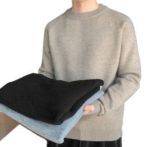 Mens Fleece Lined Thickened Knitwear Spring Autumn Winter Inner Wear Red Youth Popular Standard Fit Pure Color round Neck Long Sleeve