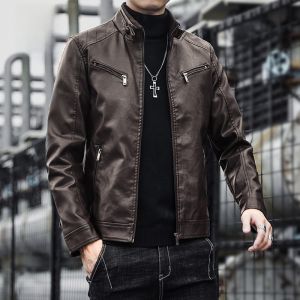 ROMON | Lormen Mens Leather Jacket Stylish Stand Collar Biker Coat Casual Mens Fashion Warm Flight Suit Autumn New Arrival