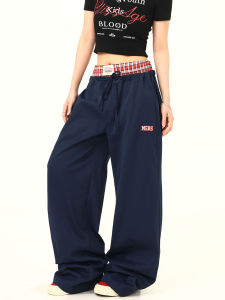 Wild Azi Double Waist Plaid Stitching Fake Two-Piece Casual Pants Mens and Womens American Retro Sports Cargo Pants Fashion