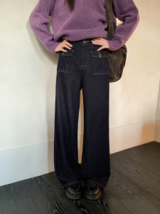 NIHAOKANONG | Quần Jeans Nữ Ống Suông Lót Nỉ Cổ Điển Có Túi Áp Trước Thu Mới