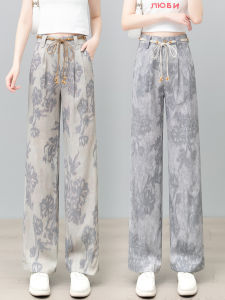 กางเกงขายาวทรงหลวมเอวสูงพิมพ์ลายดอกไม้ผ้าลินินสำหรับผู้หญิงในช่วงฤดูร้อนปี 2025 กางเกงขายาวทรงหลวมสบาย ๆ ลำลอง ทรงหลวม