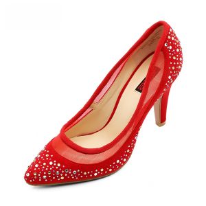 Red Diamond Half Transparent High Heel Sandals Comfortable T-Strap Rivet Buckle Closure Fashionable Wedge Heel Leather Mules