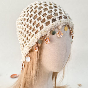 1pc Bohemian Shell Sequin Head Cap Hollow Out Crochet Knitted Hat Beanies Cap Women Travel Versatile Look Pullover Hat Girl Gift