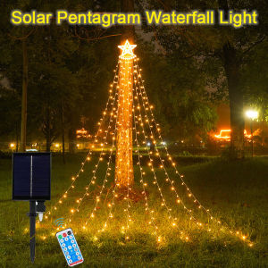 350LED Outdoor Solar Light Solar Pentagram Waterfall Light 8 Modes Waterproof Tree Lighting with Stars for Christmas Garden Yard Christmas Decoration