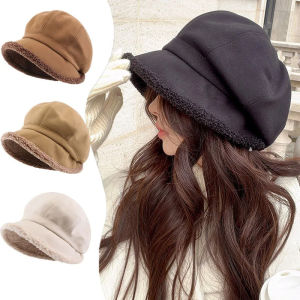 Korean Retro Winter Octagonal Hats for Women Newsboy Caps Velvet Solid Color Topi Bucket Thickened for Outdoors Plush Wool Beret Hats