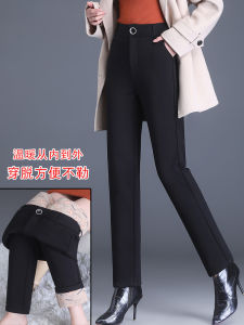 Quần Lót Lót Lông Cừu Lụa Dày Cạp Cao Cho Nữ Mùa Đông Quần Ống Đứng Rộng Rãi Co Giãn Màu Đen Quần Ấm Áp