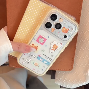 Cute Bear Patchwork Sticker TPU Matte Phone Case For iPhone 18 17 16 15 Pro Max Cream Yellow Shockproof Girly Cover For Girls