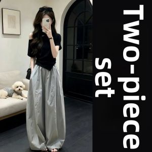 QINWEIYU | OOTD Stylish Shoulder-baring T-shirt Wide-leg Pants Womens Set